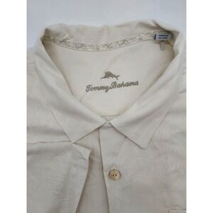 Tommy Bahama 2XLB Beige 100% Silk Button Down Shirt Mens Tropical Print